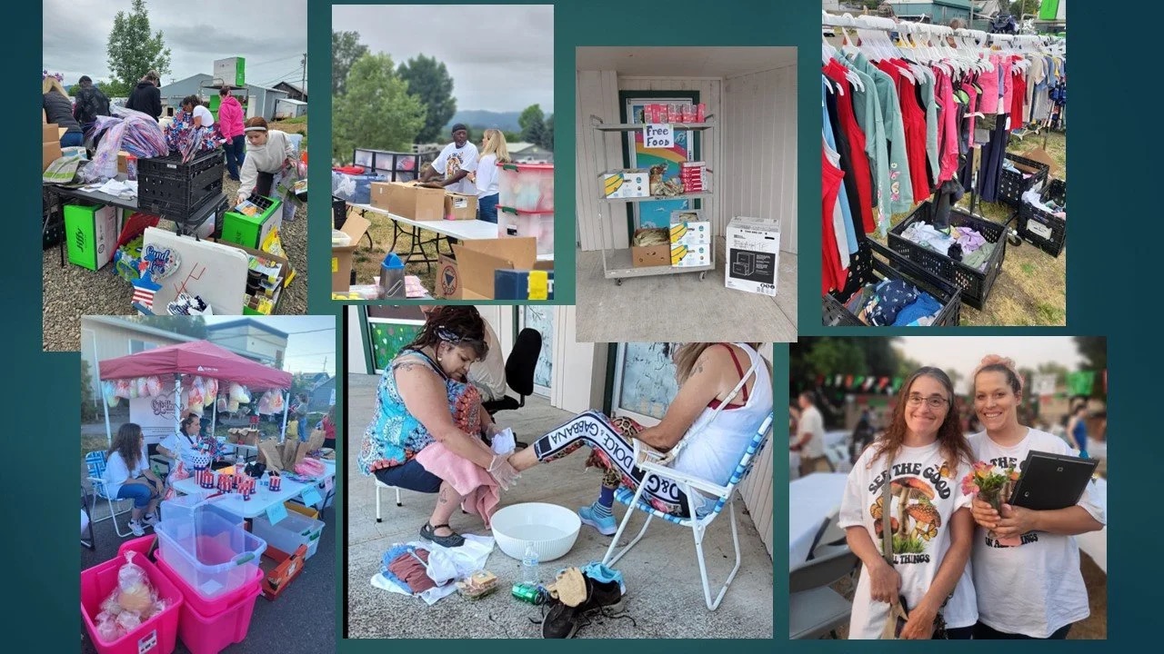 A collage of Gg's House volunteers sorting clothing, handing out free food, and running an outdoor giveaway